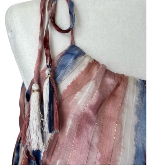 Storia Pink And Blue Gold Shimmer Watercolor Tiered Midi Dress Size M - Picture 10 of 13